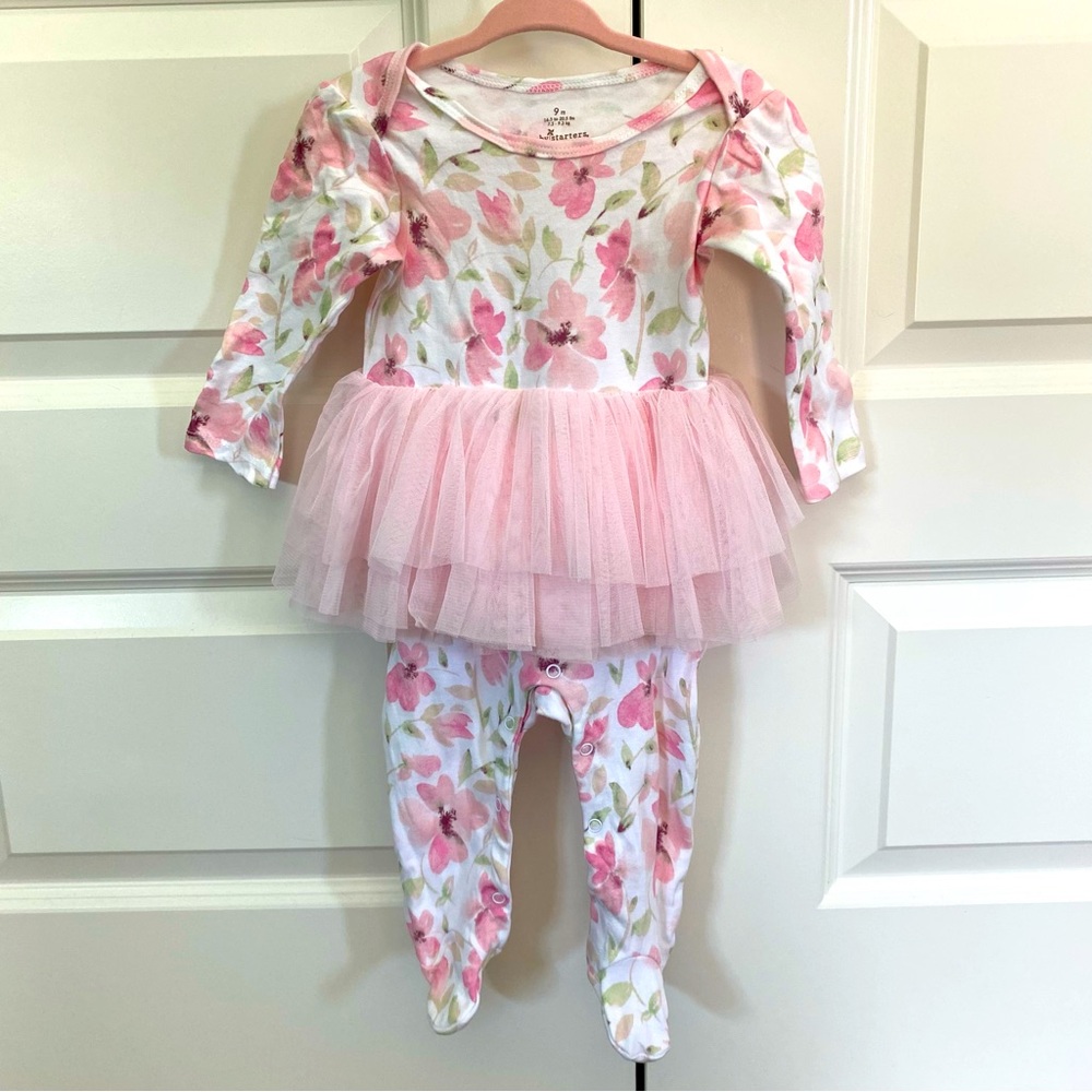 Flower print long sleeve long pant onesie/footie with tutu NWOT for 9month baby